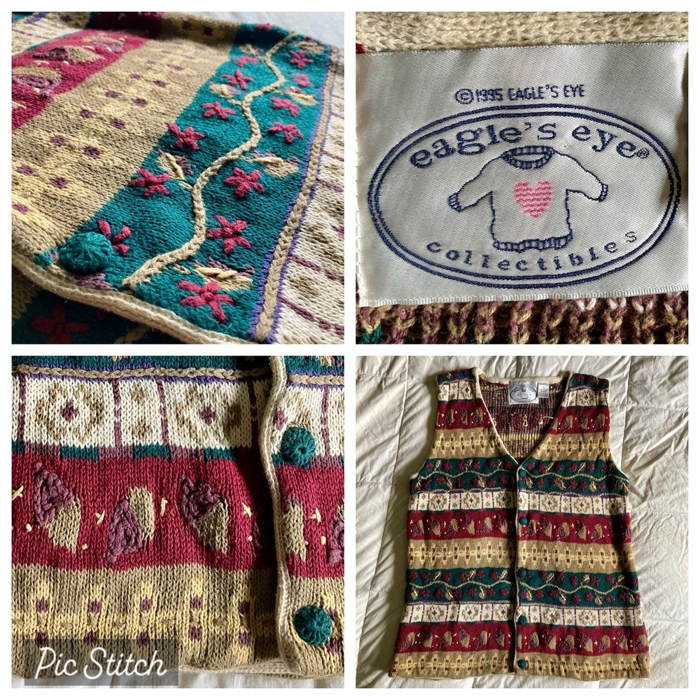 Vtg 1995 Eagles Eye Knit Button Sweater Vest V-Neck Women M Acorn Fall Red Green